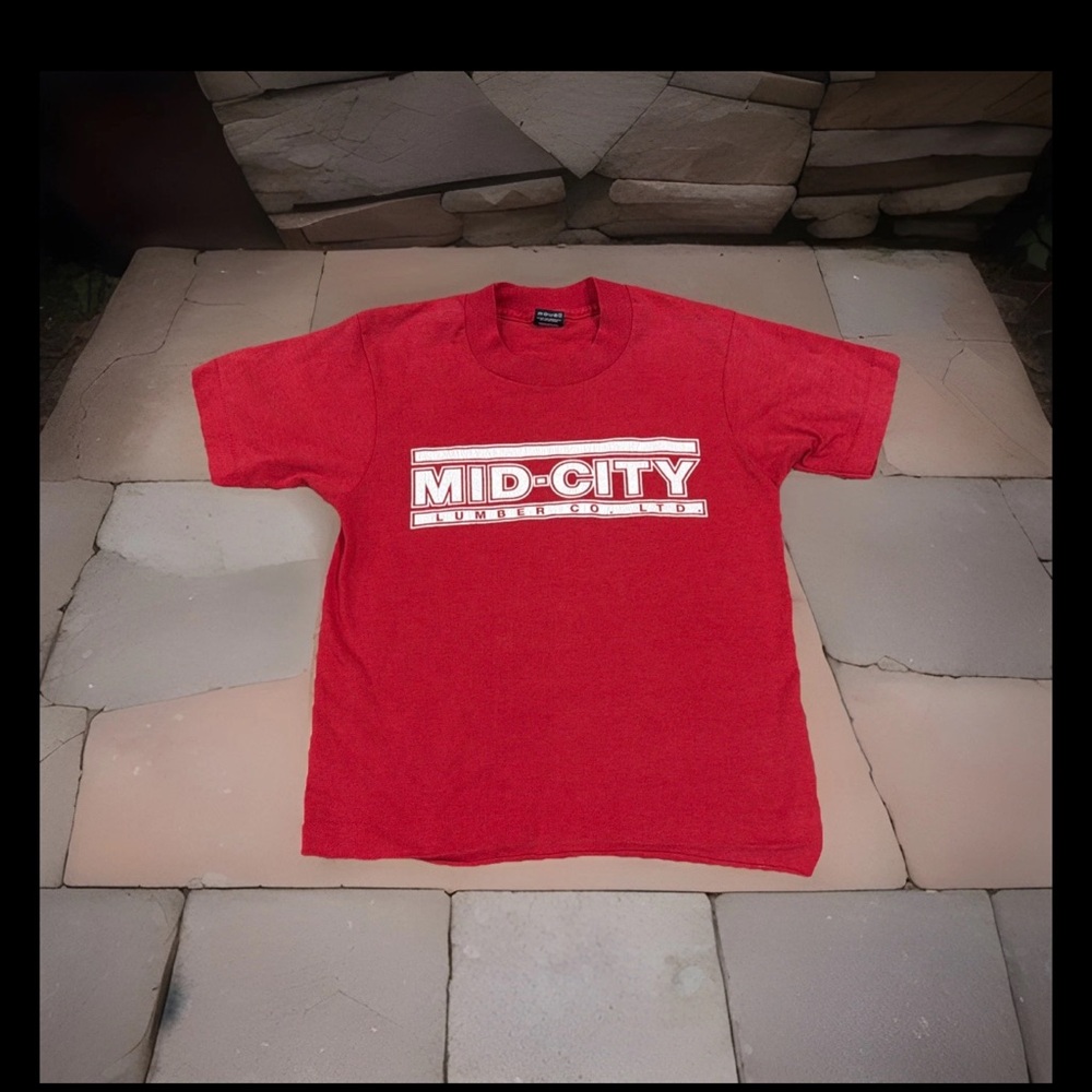 Vintage 90s Single Stitch Mid-City Lumber Co T-Shirt Sz Youth 10-12 Red USA